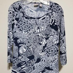 Chicos Women's Tunic Top Asymmetrical Floral Navy Casual Business Dressy